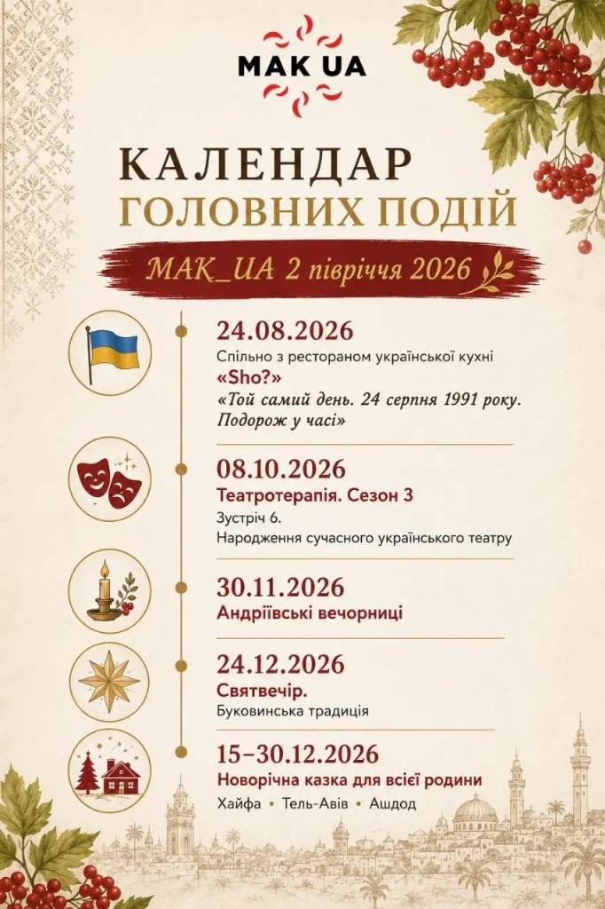 Украинские мероприятия в Израиле 2026: MAK_UA опубликовала календарь на август–декабрь